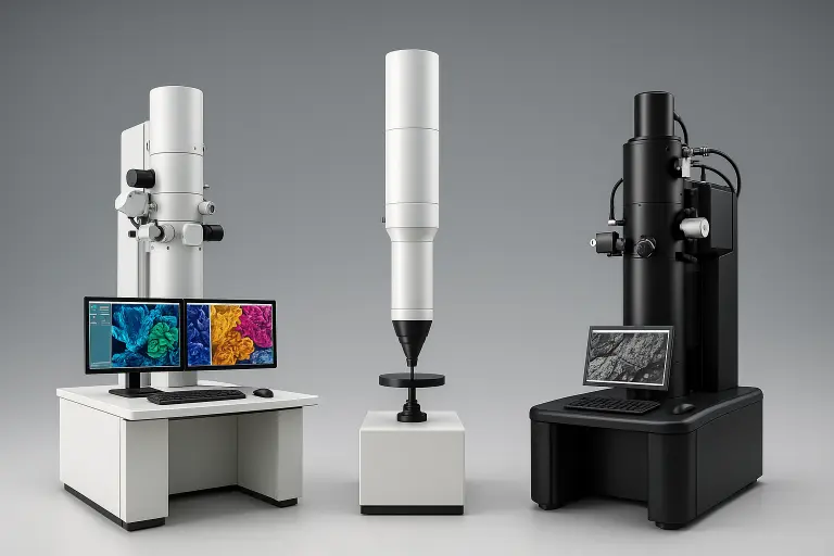 Three advanced electron microscopes—scanning, transmission, and environmental—shown in a high-resolution laboratory setting.