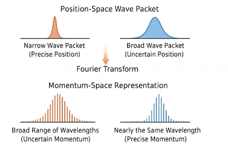 Fourier transform duality illustrated through wave packets and frequency components, showing the trade-off between position and momentum clarity in quantum mechanics.