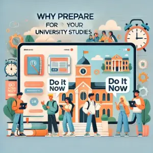 Illustration of students preparing for university with digital tools and a campus backdrop, promoting early academic readiness