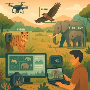 Digital illustration of wildlife monitoring using computer vision, showing a tiger, elephant, and bird tagged by a drone and cameras, with a conservationist analyzing animal data on screens.