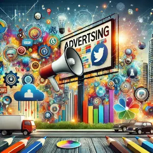A vibrant digital illustration representing modern advertising with a large billboard, megaphone, social media icons, bar graphs, and creative tools.