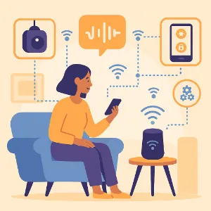 Smart home with speaker, thermostat, lights, and security camera linked over Wi-Fi and controlled by a phone app