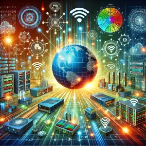Global networking concept with servers, routers, Wi-Fi signals, IoT devices, and data streams circling a connected Earth.
