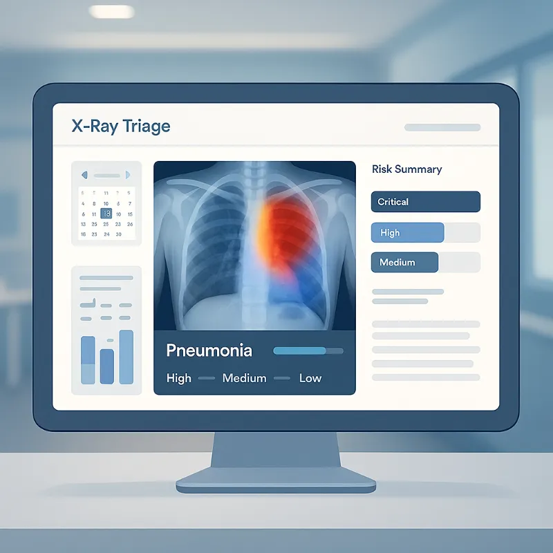 Chest X-ray with heatmap overlay and triage dashboard
