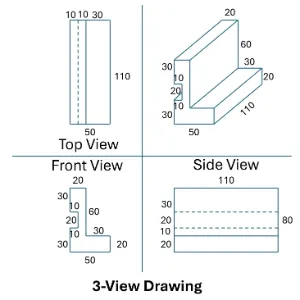 3-View Drawing showing Top View, Front View, Side View, and 3D pictorial