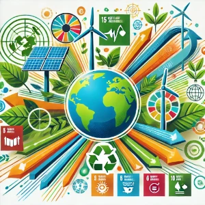 Colorful illustration of the Earth surrounded by wind turbines, solar panels, green leaves, arrows, and recycling symbol promoting renewables.