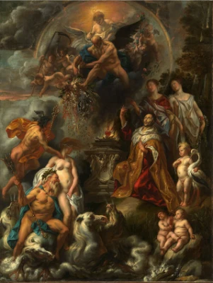 Baroque allegory celebrating the Peace of Westphalia: a winged figure of Time with an hourglass hovers above as a cornucopia spills abundance; Mercury with caduceus and Neptune with trident flank a robed ruler by a flaming altar; putti, river creatures, and storm clouds part to reveal light.