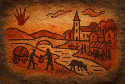 Cave-painting style scene of a small riverside town at dusk—ochre rock background with charcoal lines showing a bridge, church, market, ox cart, two traders, and an animal drinking from the river; a red hand stencil appears above.