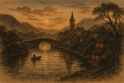 A small riverside town at dusk in East Asian ink-wash: arched stone bridge, lantern-lit wooden houses, lone boatman on calm water, distant pagoda and layered mountains rendered with soft washes and calligraphic brushwork.