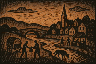 Expressionist woodcut of a small riverside town at dusk: arched bridge, church spire, clustered houses, a market stall, wagon, two figures exchanging a pouch, and a dog drinking, all in bold black cuts on warm brown paper.