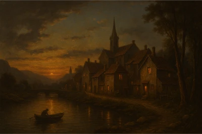 Oil painting of a small riverside town at dusk with a golden sunset, glowing windows in stone houses, a church spire above the rooftops, a low bridge in the distance, and a lone figure rowing a boat across the reflective river.