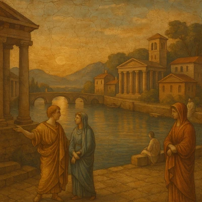 Neoclassical painting of a riverside town with Roman-style temples, a stone bridge, and robed figures conversing on a quay at dusk.