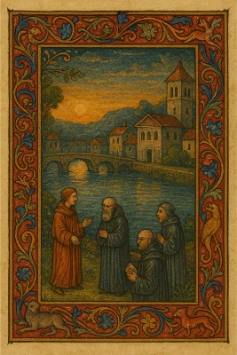 Illuminated manuscript page showing a riverside town at dusk framed by red-and-blue foliate borders; four monks converse on the bank before a stone bridge and church towers.