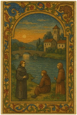 Illuminated manuscript page showing a riverside town at dusk within an arched frame, bordered by blue-and-red foliate designs and small beasts; three robed monks converse on a grassy bank while a stone bridge and towered church rise beyond the shimmering river.