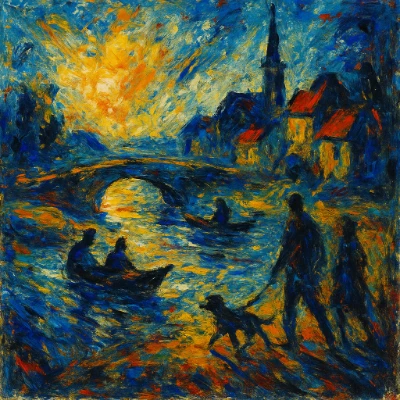 Abstract Expressionist riverside town—thick, gestural strokes in cobalt blue, cadmium yellow, and red suggest a bridge, church spire, rowboat, and a couple walking a dog along the glowing water.