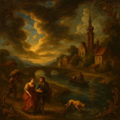 Baroque oil scene of a small riverside town at sunset—dramatic clouds, stone bridge, boat with two men, strolling couple, and a dog at the water, all in rich chiaroscuro.