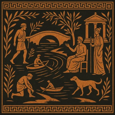 Attic red-figure “vase painting” of a riverside scene: olive trees, small boats, arched bridge, seated philosopher, robed woman by a little temple, youth kneeling at the water, dog, and Greek-key/laurel border.