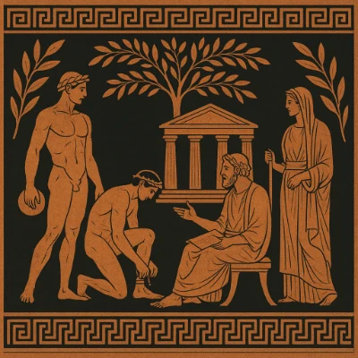Red-figure Greek vase scene with athlete, runner, seated philosopher holding a scroll, and a robed woman beside a Doric temple; meander and laurel borders.