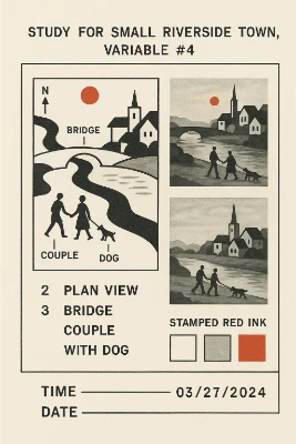 Conceptual Art sheet titled “Study for Small Riverside Town, Variable #4” — diagram of a village with labels (bridge, couple, dog), two grayscale panels of the riverside scene, stamped red sun, checkboxes, and time/date lines on an off-white background.