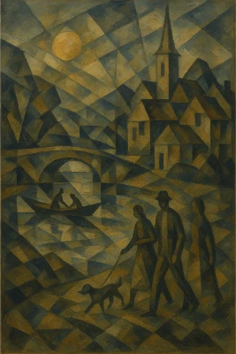 Cubist riverside town in muted ochres and slate blues—faceted planes form bridge, church spire, boat with two figures, and three walkers with a dog along the bank.