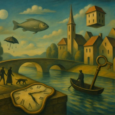 Dada–Surrealist riverside town with a melting clock on a stone bridge, a floating house and fish, an umbrella raining upward, and a boatman steering past an oversized key.