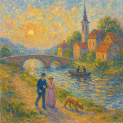 Impressionist riverside town at late afternoon—broken brushstrokes, arched stone bridge, small boat with two figures, couple walking with a dog, church spire and houses glowing in warm light.