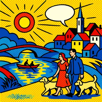 Pop Art comic-style riverside town—bold black outlines and Ben-Day dots; sunburst sky, arched bridge, rowboat with two figures, couple walking two dogs, and a church-steepled village.