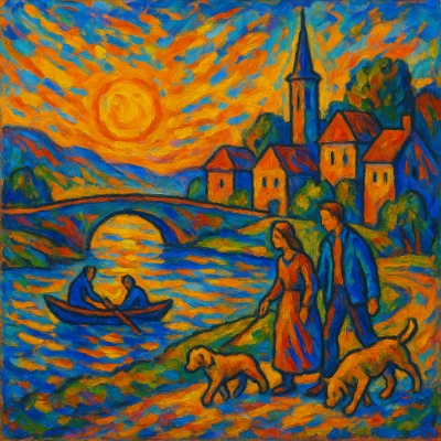 Post-Impressionist riverside town at sunset—bold complementary colors, dark outlines, arched bridge, boat with two figures, couple walking two dogs, church spire and clustered houses.