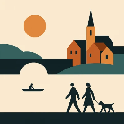 Minimalist riverside town—flat shapes on a cream ground: orange sun, dark teal bridge, simple church and houses, lone rowboat, and two stick-figure silhouettes walking a dog.