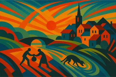 Futurist geometric landscape with radiating sun, arched bridge, steepled village, two silhouetted figures exchanging a bundle, and a dog at the river.