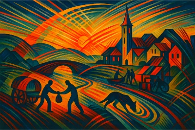 Futurist village at sunset with sweeping radiant lines, geometric bridge and church, silhouetted figures trading, boatmen, and a dog by the river.