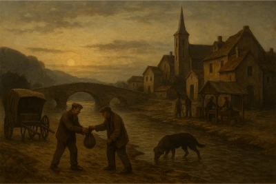 Realist oil painting of a small riverside town at dusk with two workers trading a sack on a muddy bank, a dog drinking from the river, a weathered stone bridge, and plainly lit cottages and a church steeple in the background.