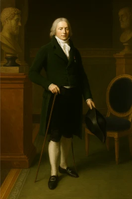 Full-length neoclassical portrait of Charles-Maurice de Talleyrand-Périgord standing indoors, wearing a dark green coat and white cravat, holding a walking cane in his right hand and a black bicorne hat in his left; marble busts on pedestals flank the background with a blue-upholstered gilt chair to his right.