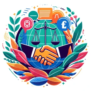 Handshake beneath scales of justice over a globe, surrounded by speech bubbles and laurel leaves—symbolizing conflict resolution and arbitration.