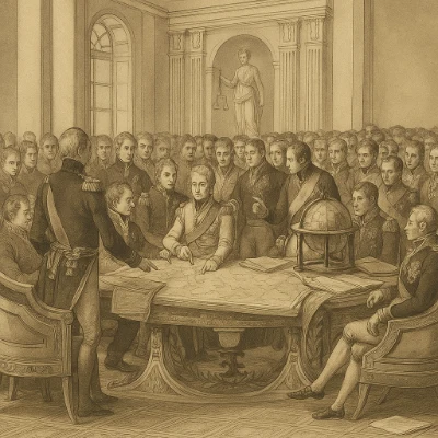 Neoclassical hall crowded with uniformed diplomats and monarchs gathered around a large map table with a globe and treaties; a relief of Lady Justice overlooks the negotiations—an artist impression of the Congress of Vienna, 1815.