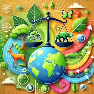 Scales of justice balanced on a globe with trees, wildlife, and green icons, symbolizing conservation laws protecting nature and biodiversity.