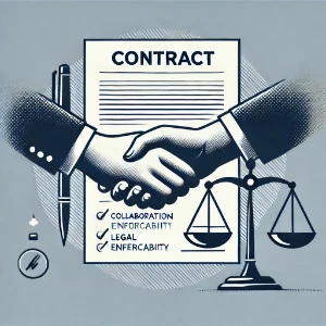 Two businesspeople shaking hands over a contract with a pen and scales of justice, symbolizing contract negotiation and legal enforceability.