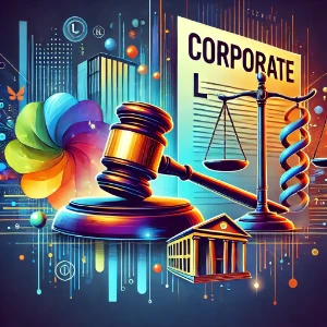 Colorful illustration of corporate law symbols—judge’s gavel, scales of justice, courthouse, and a document labeled “Corporate Law” against a modern city backdrop.