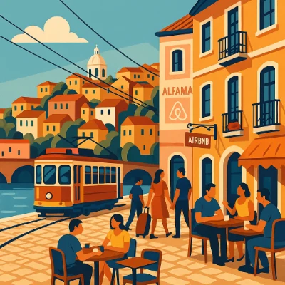 Artist impression of Lisbon’s Alfama: tram by the riverside, cafés, short-term-rental signage, renovated façades.