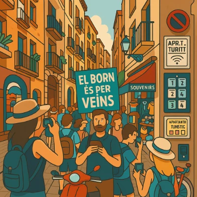 Artist impression of Barcelona’s El Born/Gothic Quarter: narrow lanes packed with visitors, residents holding a placard, short-term rental buzzer panels, souvenir shops.