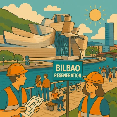 Artist impression of Bilbao’s Nervión riverfront: Guggenheim Museum, new promenades and cycling paths, reused industrial halls with studios and cafés.