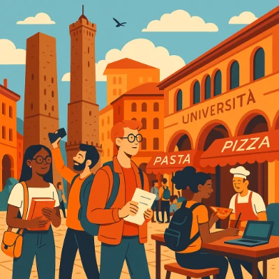 Artist impression of Bologna’s medieval porticoes at night: students socializing, rental notices on pillars, mixed cafés and bookstores.