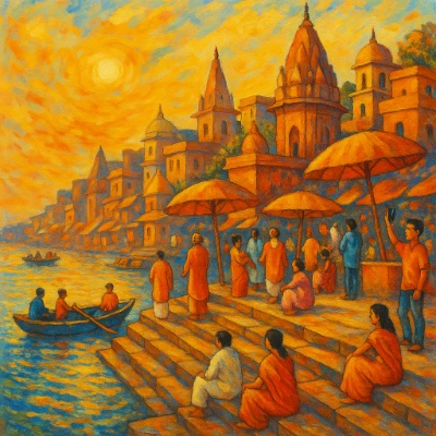 Artist impression of Varanasi ghats on the Ganges at dusk: pilgrims, priests, umbrellas, boats, temple spires, and tourists with cameras.