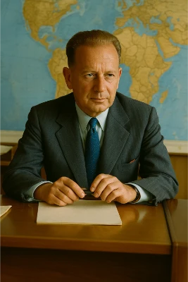 Formal portrait of UN Secretary-General Dag Hammarskjöld seated at a wooden desk with a world map behind him, hands folded around a fountain pen, c. late 1950s.
