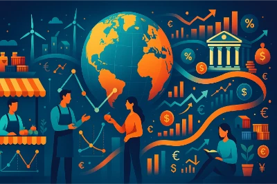 Colorful isometric illustration of economics with charts, coins, globe, factories, shops, and arrows showing growth and trade.