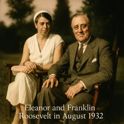 Colorized portrait of Eleanor Roosevelt and Franklin D. Roosevelt seated outdoors in August 1932—Eleanor in a white summer dress and headband, hands folded, and FDR in a three-piece gray suit, smiling slightly with one hand resting on the chair arm.