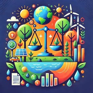 Scales of justice balanced within a vibrant eco-scene of trees, water, wind turbines, solar panels and charts, symbolizing environmental law and sustainable regulation.
