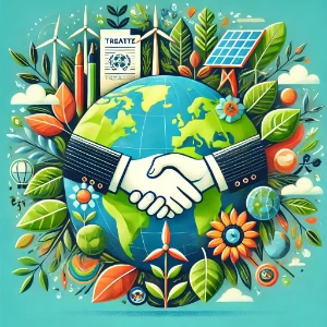 Handshake in front of a globe surrounded by leaves, wind turbines, and a treaty document—symbolizing international environmental treaties.