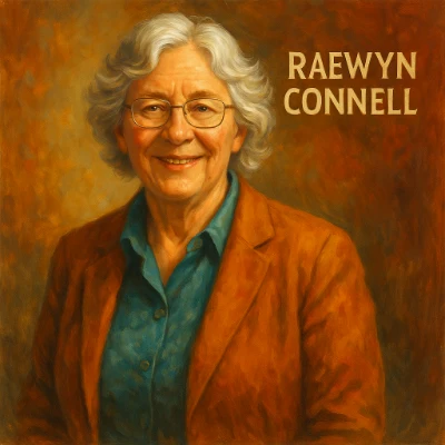 Warm oil portrait of Raewyn Connell smiling, with her name lettered on a textured background.