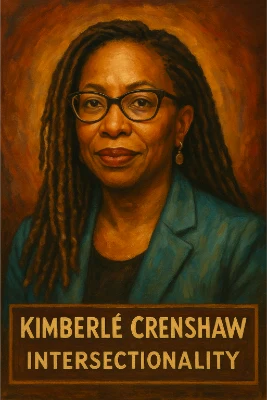 Oil portrait of Kimberlé Crenshaw in teal blazer with glasses; plaque below reads “Kimberlé Crenshaw—Intersectionality.”